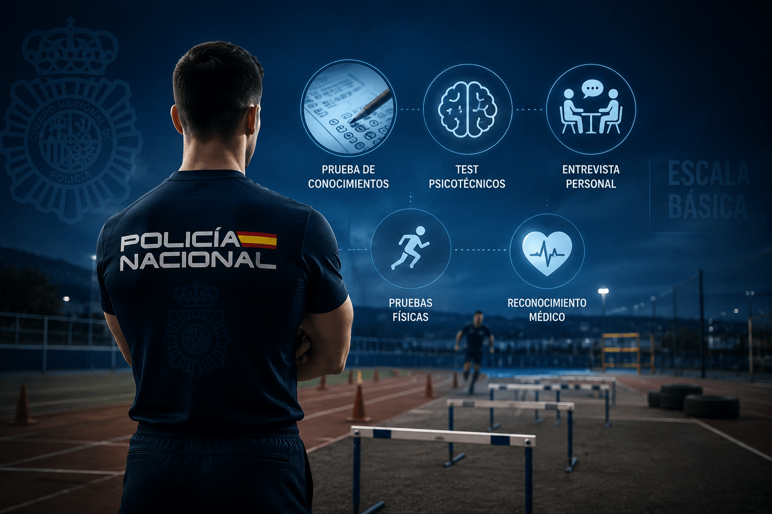 Aspirante a Policía Nacional observando una pista de pruebas físicas con iconos que representan el examen, los test psicotécnicos, el reconocimiento médico y la entrevista personal durante el proceso selectivo.