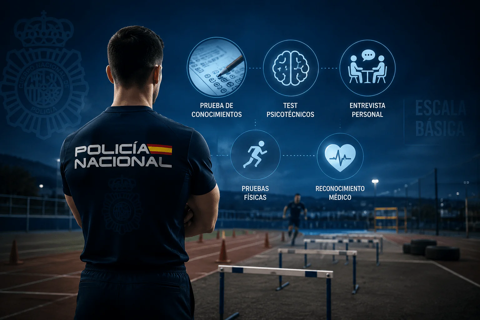 Aspirante a Policía Nacional observando una pista de pruebas físicas con iconos que representan el examen, los test psicotécnicos, el reconocimiento médico y la entrevista personal durante el proceso selectivo.