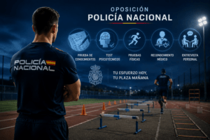 Aspirante a Policía Nacional observando una pista de pruebas físicas con iconos que representan el examen, los test psicotécnicos, el reconocimiento médico y la entrevista personal durante el proceso selectivo.