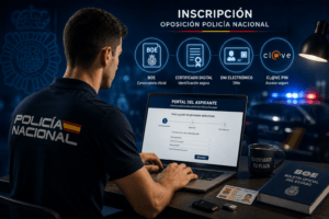 Aspirante realizando la inscripción telemática para la oposición a Policía Nacional desde un ordenador portátil con iconos del BOE, certificado digital, DNI electrónico y sistema Cl@ve.
