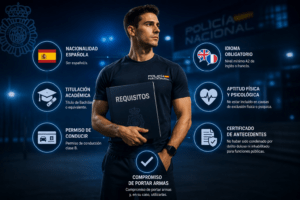 Infografía sobre los requisitos para ser Policía Nacional con iconos de nacionalidad española, Bachiller, permiso B, idioma A2 y reconocimiento médico.