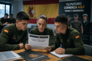 Aspirantes a Tropa y Marinería consultando una convocatoria oficial de las Fuerzas Armadas