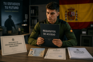 La imagen muestra al aspirante revisando la documentación necesaria para acceder a Tropa y Marinería, con una estética moderna y un ambiente militar sobrio.