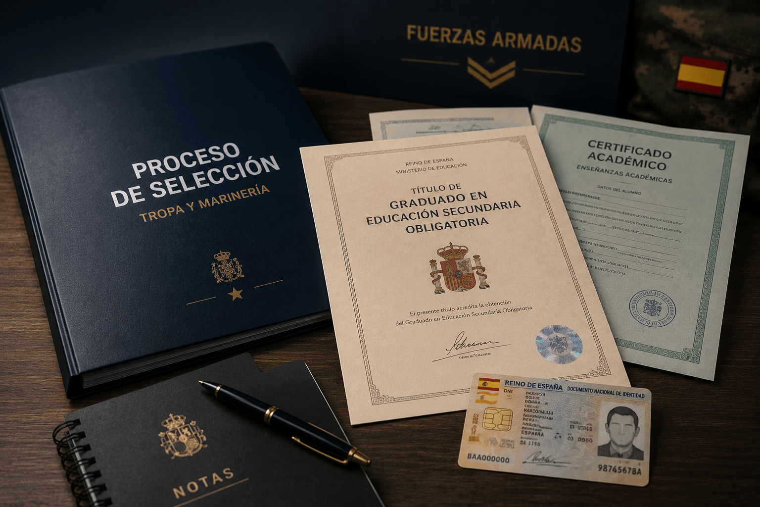 na mesa con la documentación necesaria para el proceso de acceso a fuerzas armadas