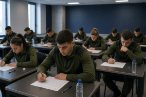 grupo de aspirantes realizando un examen escrito en un aula moderna