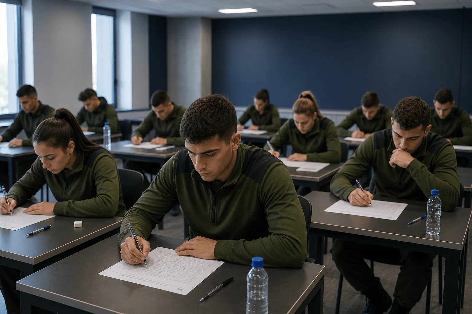 grupo de aspirantes realizando un examen escrito en un aula moderna