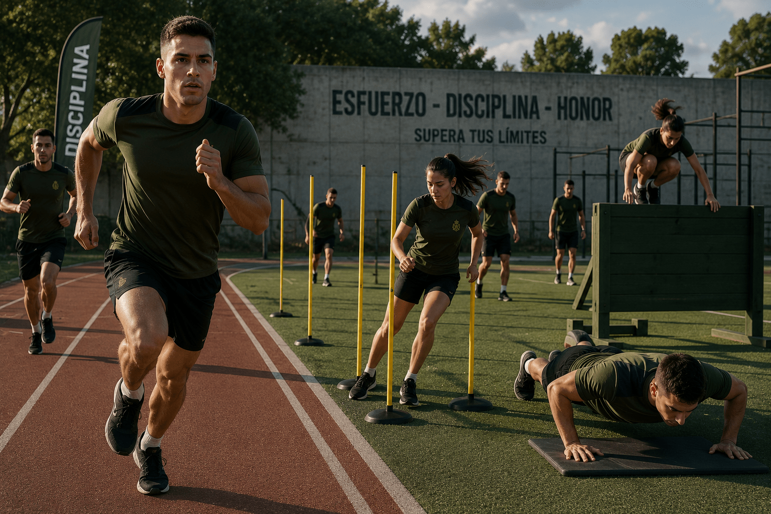 La escena transmite el esfuerzo y la preparación física de varios aspirantes en una pista de entrenamiento con un estilo realista y dinámico.