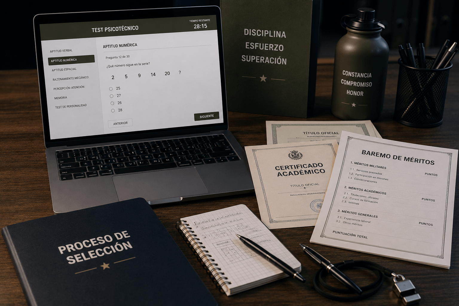 escritorio ordenado con material relacionado con el proceso de selección militar