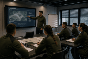 clase práctica con un instructor y varios aspirantes trabajando, militares