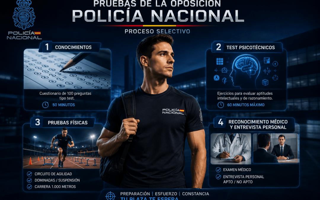Infografía de las pruebas de la oposición a Policía Nacional con examen teórico, psicotécnicos, pruebas físicas, reconocimiento médico y entrevista personal.