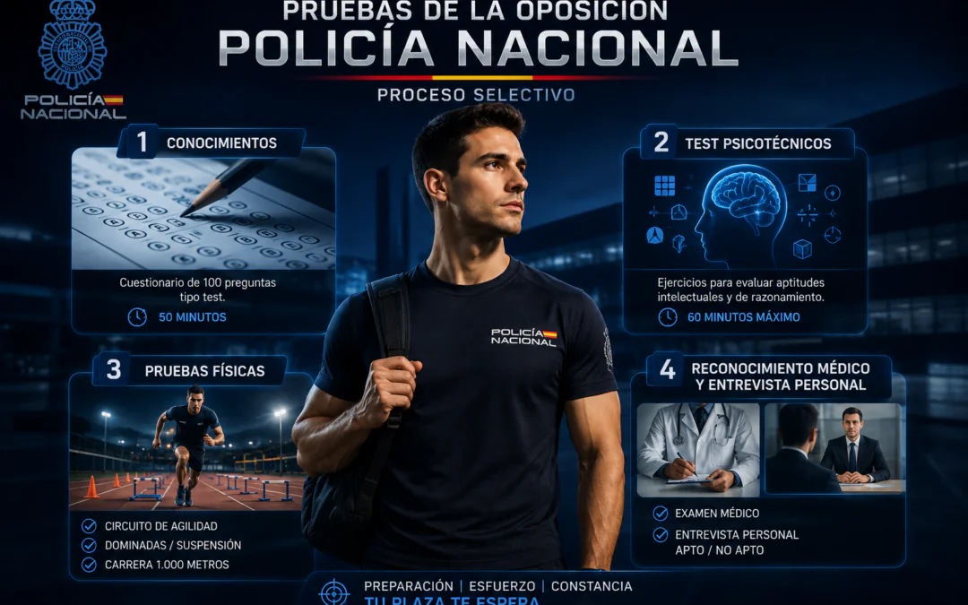 Infografía de las pruebas de la oposición a Policía Nacional con examen teórico, psicotécnicos, pruebas físicas, reconocimiento médico y entrevista personal.