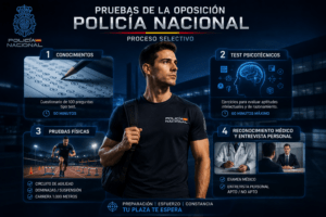Infografía de las pruebas de la oposición a Policía Nacional con examen teórico, psicotécnicos, pruebas físicas, reconocimiento médico y entrevista personal.