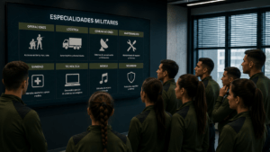 Grupo diverso de aspirantes a Tropa y Marinería observando un gran panel CON LAS ESPECILIDADES DE TROPA Y MARINERIA